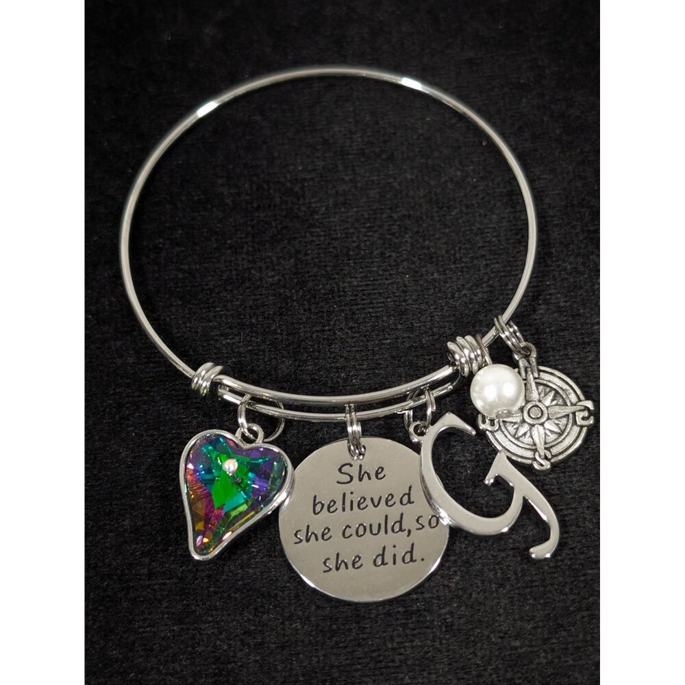 Mystic Fire AB Crystal Heart‎ Letter G She Believed She Could Bracelet 7.5"